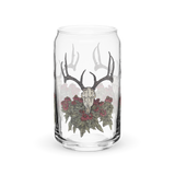 "Mule Deer with Red Echinacea" on can-shaped glass