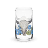 "Bison with Morning Glory Flowers" on Can-shaped glass