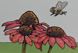 Detail of artwork showing echinacea flowers and a bee